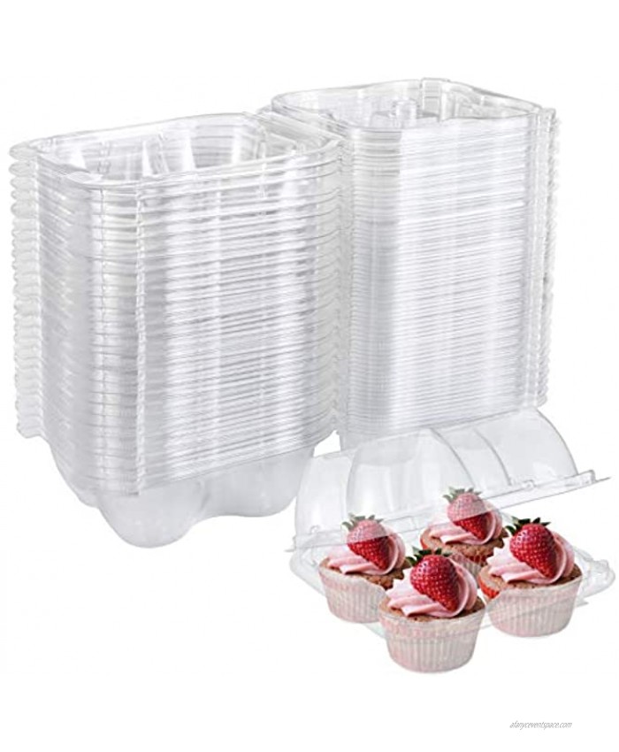 Bekith 60 Count 4-Compartment Plastic Cupcake Containers Disposable Cupcake Trays Holder Carrier Box with Lids for Cupcakes & Muffins Hinged Lock Cupcake Clamshell Deep Cups for Cupcake Storage