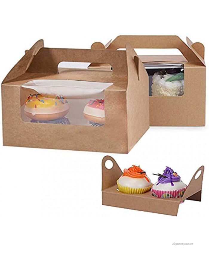 Cupcake Boxes fits 2 Standard Size Cupcake with Insert Window Handle Portable Cupcake Containers Carriers for Christmas Wedding Bakery Parties Candy Boxes 30 Pack Brown