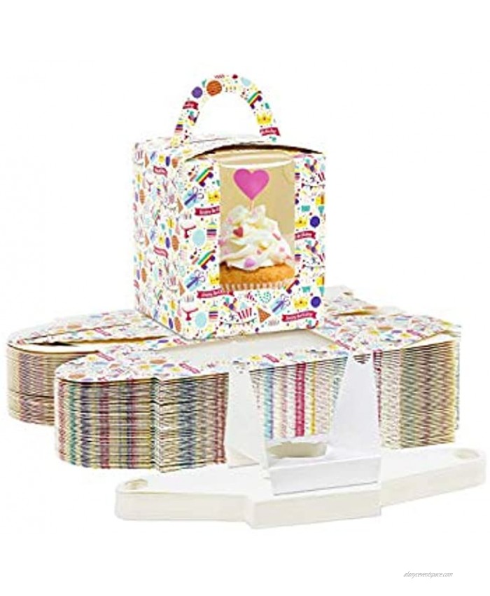 Happy Birthday Cupcake Boxes Single Cupcake Containers Happy Birthday Cupcake Carriers Individual Cupcake Pastry Container Box with Window Handle Colored Cupcake Gift Boxes for Birthday Party 50 Pack