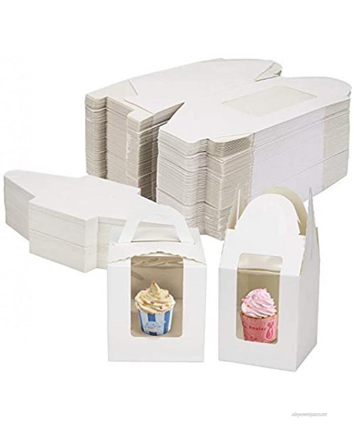 Jucoan 100 Pack White Single Cupcake Boxes Kraft Paper Individual Cupcake Container with Window Insert Handle Portable Bakery Containers for Small Cake Muffins Birthday Wedding Baby Shower Party