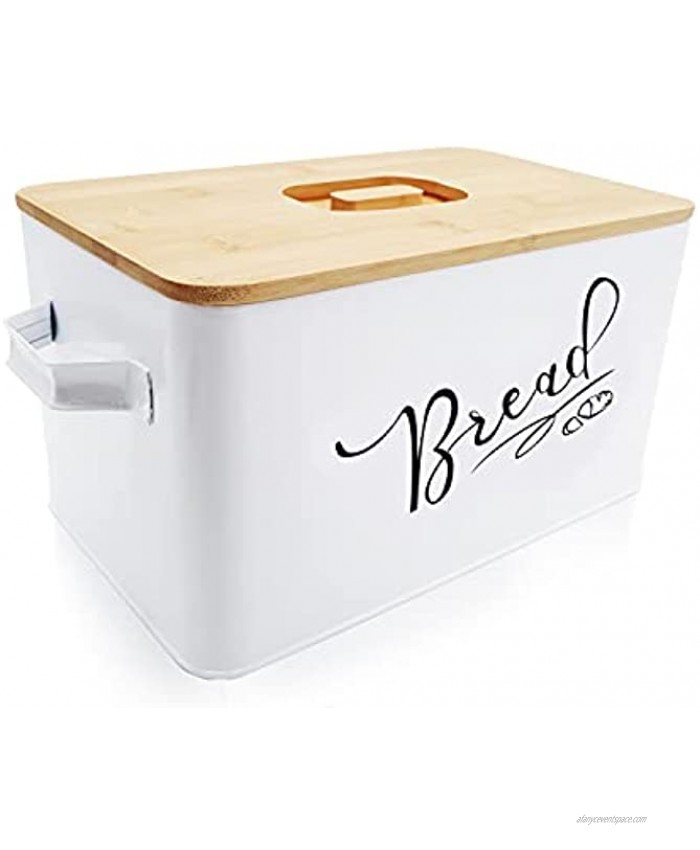 BOKUGE Bread Box for Kitchen Countertop White Metal Bread Storage Box with Eco Bamboo Cutting Board Lid Farmhouse Bread Container Box Keeps Bread Fresher for Longer