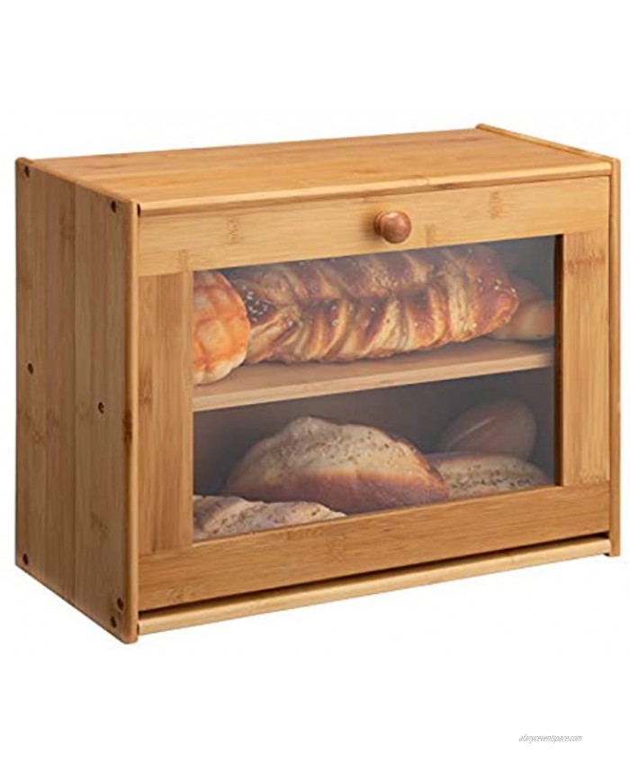 HollyHOME Large Double Layer Bread Box: Bamboo BreadBox Clear Window-Farmhouse Style Bread Holder for Kitchen Countertop Bread Storage Bin Holds 2 Loaves Self-Assembly 15.8x 12.2x 6.8