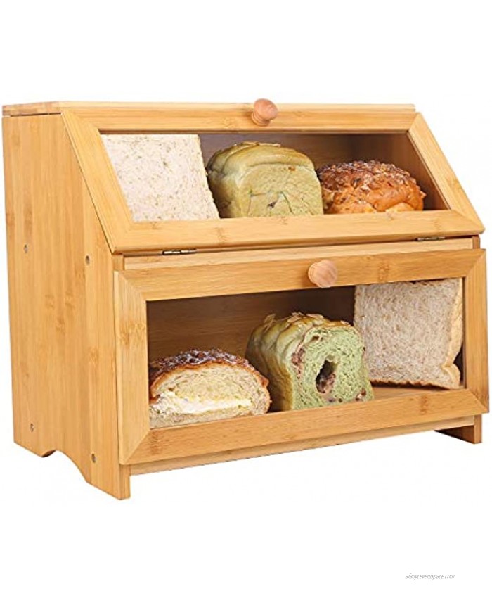 Large Double Layer Bamboo Bread Box for Kitchen Countertop Bread Storage with Clear Window and Adjustable Shelf Farmhouse Vintage Style Bread Holder Self-Assembly