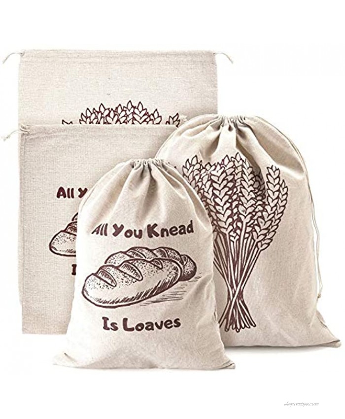 Linen Bread Bags Pack of 4 Large and Extra Large Natural Unbleached Bread Bags Reusable Drawstring Bag for Loaf Homemade Artisan Bread Storage Linen Bags for Food Storage Ideal Gift for Bakers