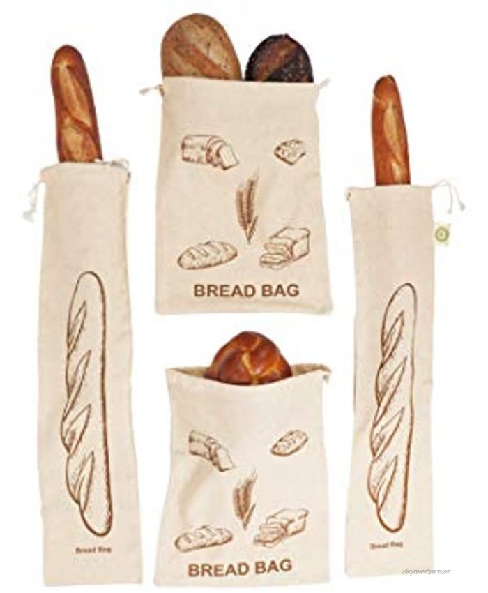 Reusable Homemade Bread Bags Storage 100% Organic Linen Bread Bags 2 Large and 2 Extra Large Reusable Bread Storage Bags Drawstring Bag for Homemade Artisan Bread Ideal Gift for Bakers
