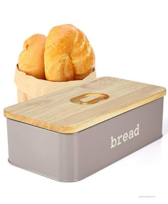 Sofier Extra Large Bread Box 2 Loaves Farmhouse Breadbox Bread Proofing Box Grey Bread Bin with Thick Wooden Lid Solid Metal Storage Box for Kitchen Countertop Pantry Storage Birthday Day Gift
