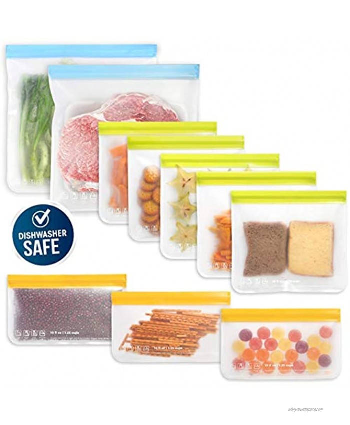10 Pack Dishwasher Safe Reusable Food Storage Bags 5 Reusable Sandwich Bags 3 Reusable Snack Bags 2 Freezer Gallon Bags Extra Thick Leakproof Silicone Free Plastic Bags