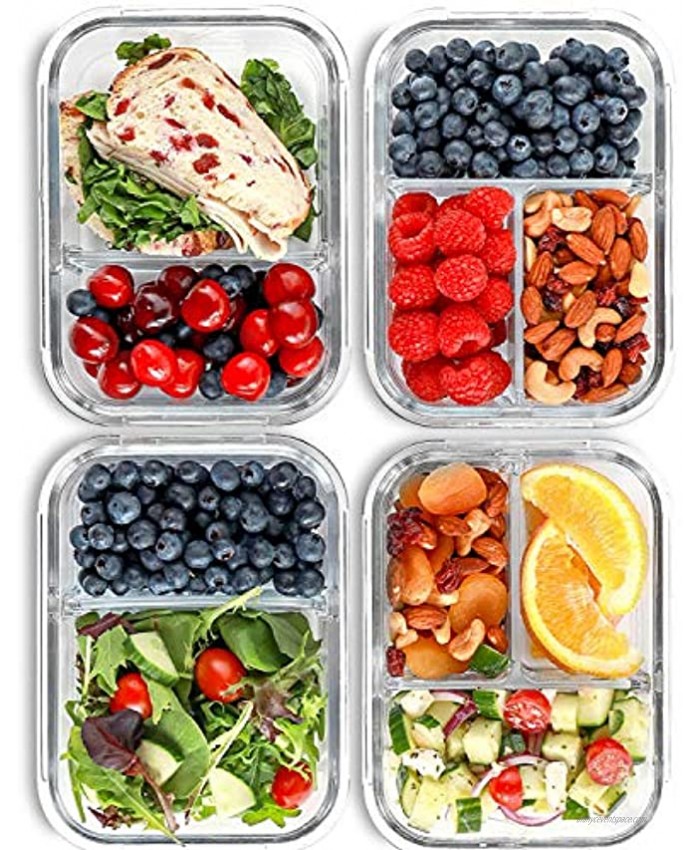 2 & 3 Compartment Glass Meal Prep Containers 4 Pack 32 oz Glass Food Storage Containers with Lids Glass Lunch Box Glass Bento Box Lunch Containers Portion Control Airtight