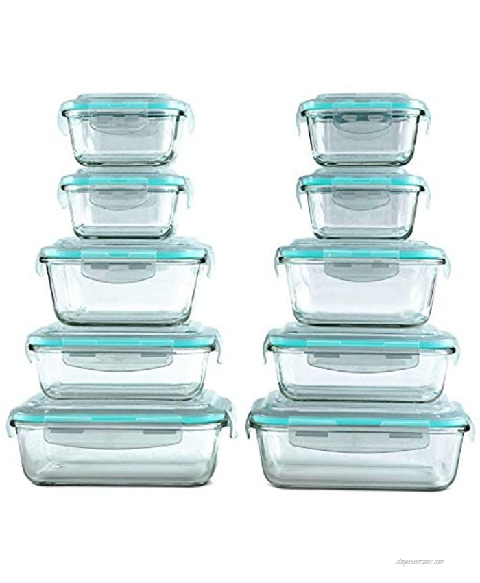 [20 Piece] Vallo Glass Food Storage Containers Set with Snap Lock Lids Safe for Microwave Oven Dishwasher Freezer BPA Free Airtight & Leakproof