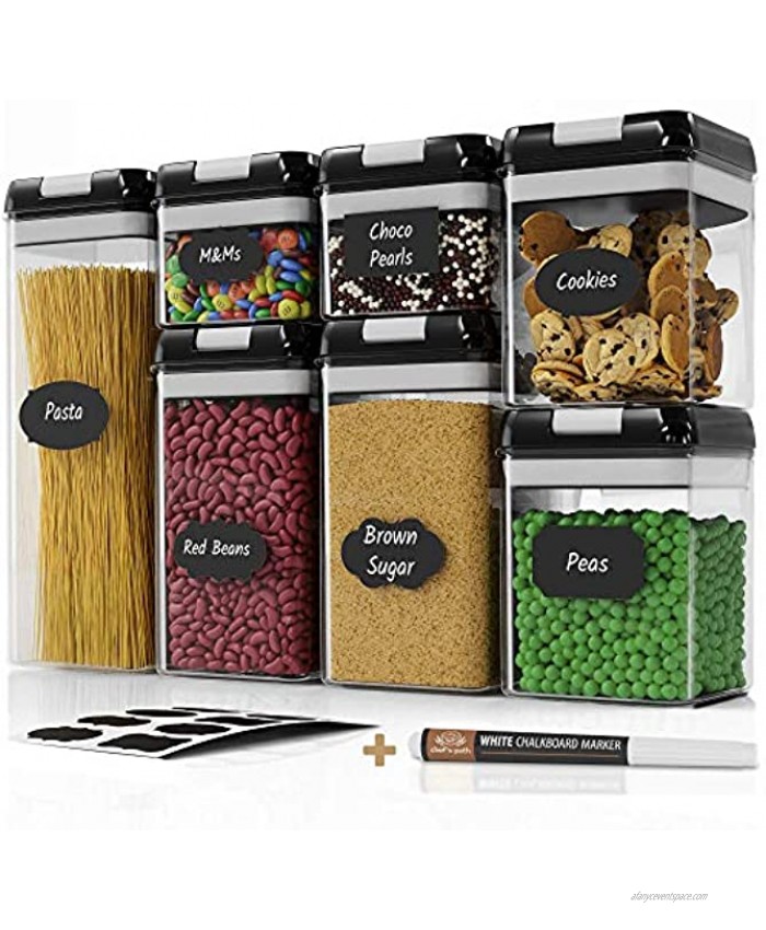 Airtight Food Storage Containers Set 7 PC Pantry Organization and Storage 100% Airtight BPA Free Clear Plastic Kitchen Canisters for Flour Sugar and Cereal Labels & Marker Black
