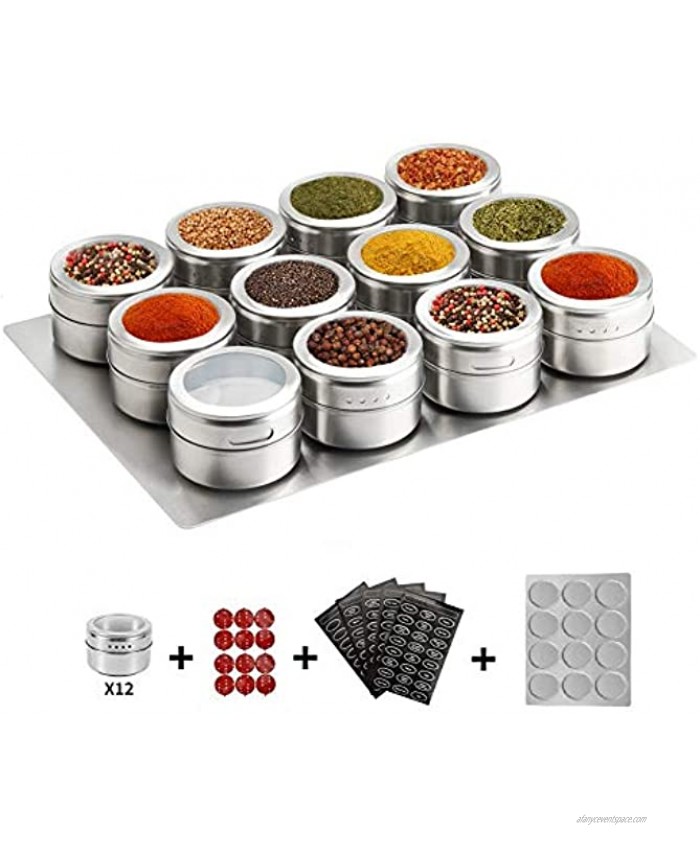 12 Magnetic Spice Tins,Stainless Steel Spice Jar Containers,with Wall Mounted Spice Jars Organizer,New Magnetic Spice Jar,Includes 120 Labelling Stickers.
