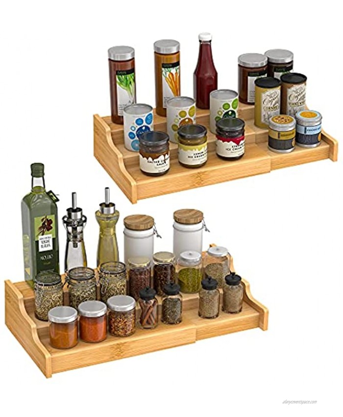 3 Tier Expandable Bamboo Spice Rack Seasoning Organizer for Cabinet Pantry Countertop Kitchen Step Shelf 2 Pack