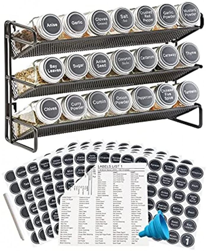 3 Tier Spice Rack Organizer with 21 Empty Spice Jars 386 Spice Labels Chalk Marker and Funnel Set for Countertop Cabinet Pantry or Wall Door Mount