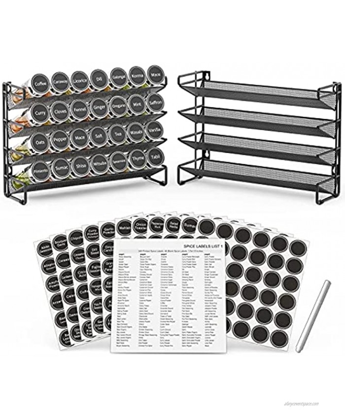 4 Tier Spice Rack Organizer Set of 2 for Cabinet Countertop Pantry or Wall Door Mount with 386 Labels and Chalk Marker Black