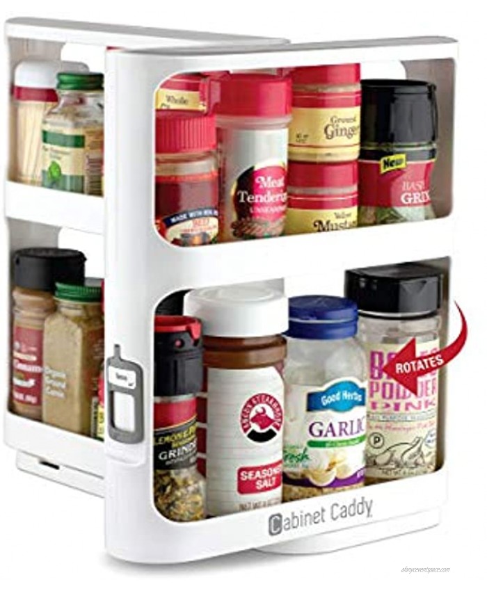 Cabinet Caddy White | Pull-and-Rotate Spice Rack Organizer | 2 Double-Decker Shelves | Modular Design | Non-Skid Base | Stores Prescriptions Essential Oils | 10.75H x 5.25W x 10.75D