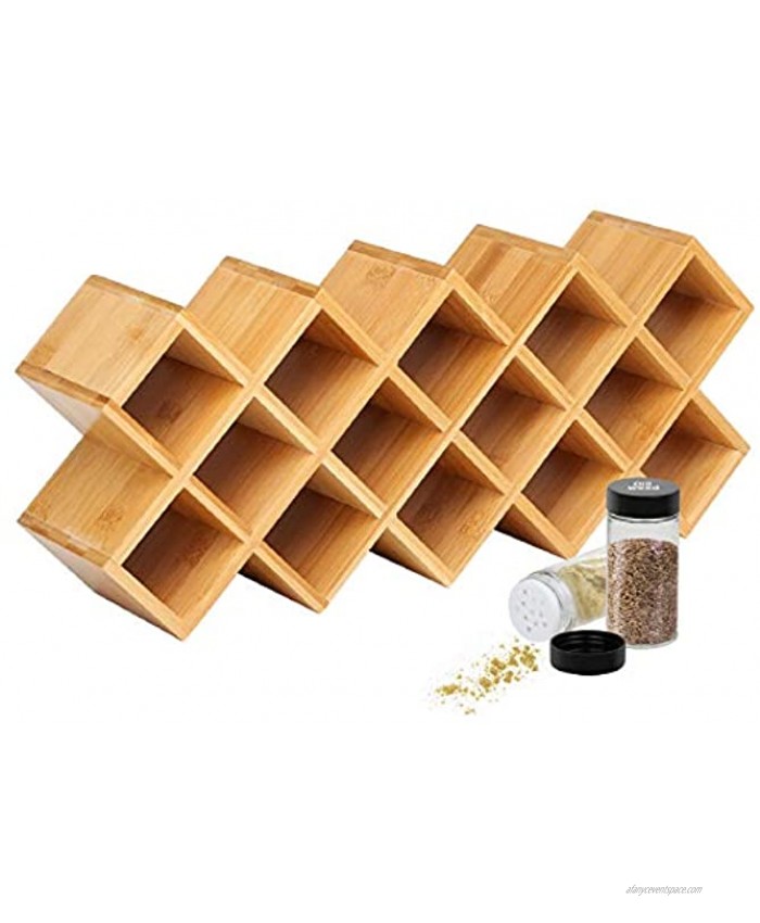 Criss-Cross 18-Jar Bamboo Countertop Spice Rack Organizer Kitchen Cabinet Cupboard Wall Mount Door Spice Storage Fit for Round and Square Spice Bottles Free Standing for Counter Cabinet or Drawers