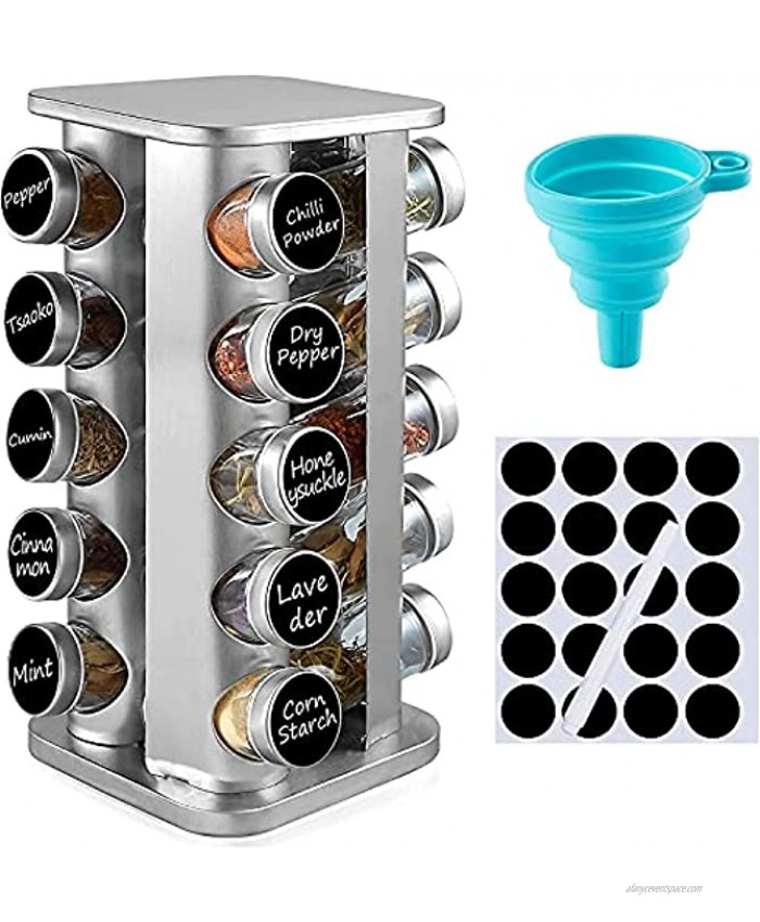 defway Spice Rack Organizer for Cabinet Stainless Steel Seasoning Organizer for Kitchen with Reuseable Labels and Funnel 20 Jars Square