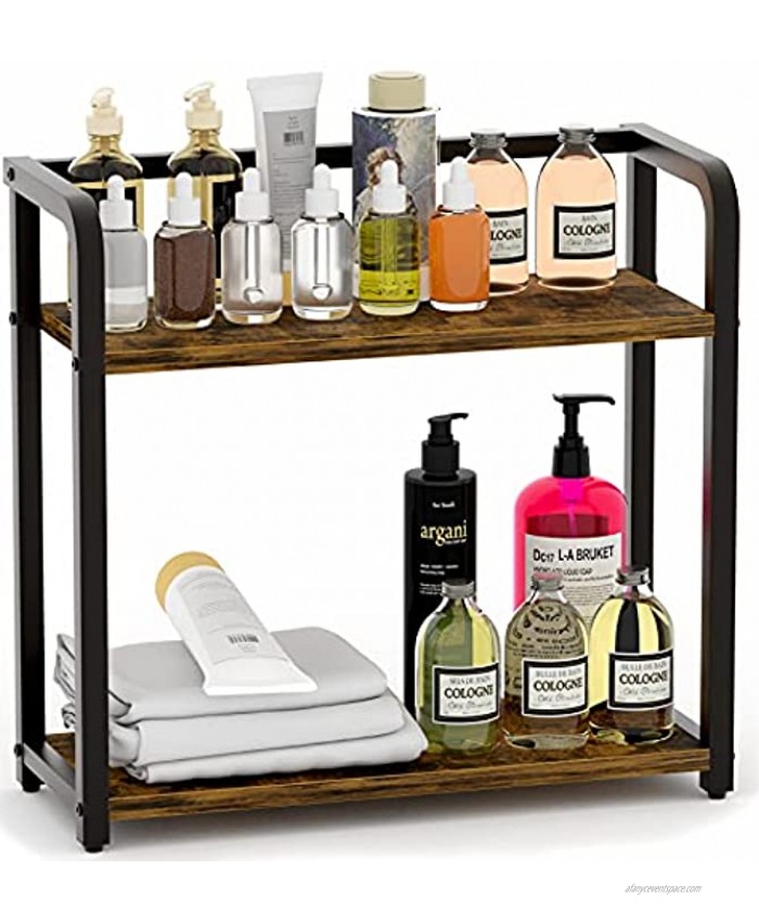 EKNITEY Spice Rack Organizer for Countertop Bathroom counter Organizer 2 Tier Small Spice Shelf Standing Seasoning Rack Wooden Tabletop Storage Shelves for Kitchen Bathroom Bedroom and Office Rustic Brown
