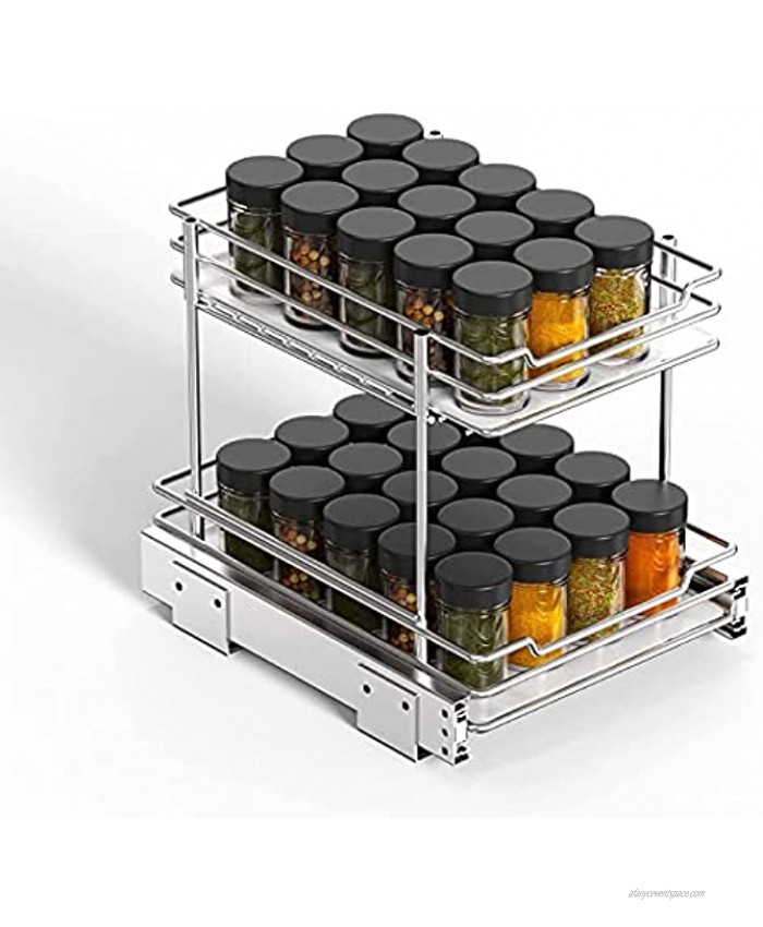 G-TING Pull Out Spice Rack Organizer for Cabinet 2-Tier Slide Out Kitchen Cabinets and Pantry Closet Storage Shelf 8.6 W 10.4 D 9 H for Spices Sauces Bottle Shot Glasses Food and Cans Chrome