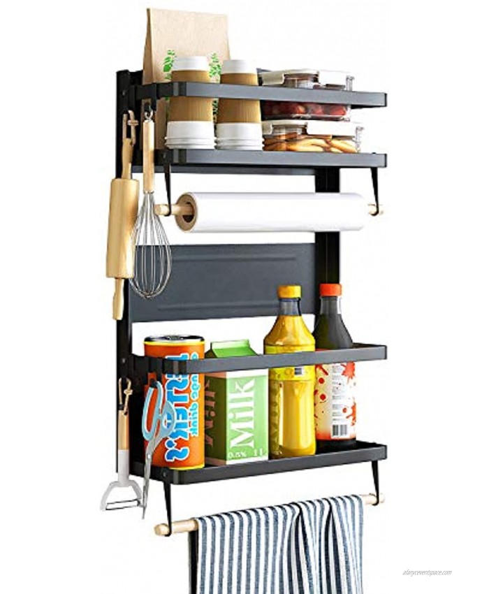 Magnetic-Spice-Rack-Organizer-shelf for Refrigerator Large with 4-Tier Magnetic Shelf and 2 Paper Towel Roll Holders 5 Removable Hooks for Kitchen Shelves Pantry Wall Laundry Room Bathroom-Black