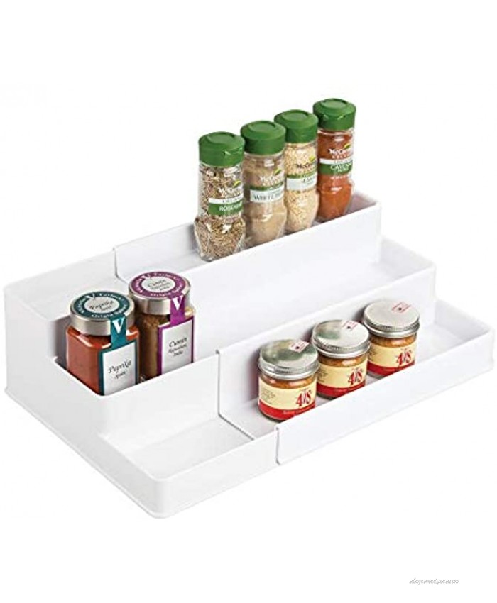 mDesign Plastic Adjustable Expandable Kitchen Cabinet Pantry Shelf Organizer Spice Rack with 3 Tiered Levels of Storage for Spice Bottles Jars Seasonings Baking Supplies White