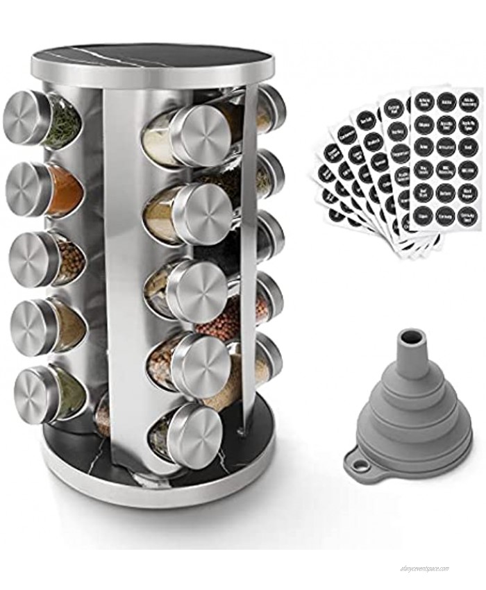 Rotating Spice Rack Organizer with 20 Empty Spice Jars 135 Spice Labels with Funnel Complete Set,for Countertop,Cabinet