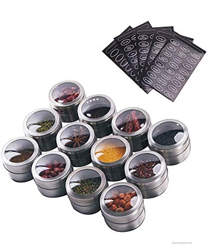 Sanvcomy 12 Powerful Magnetic Spice Tins- Stainless Steel Spice Storage Containers Kitchen Spice Jars with Clear Lid with Sift & Pour Rack Magnetic on Fridge 120 Spice Labels