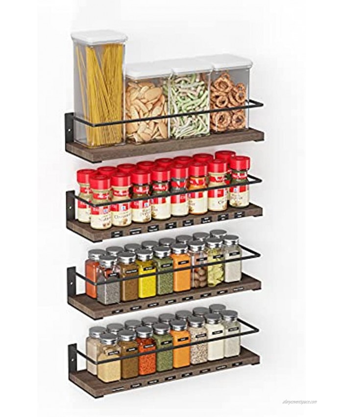 SpaceAid Spice Rack Organizer Wall Mounted 4 Pack with 415 Spice Labels Wood Hanging Seasoning Shelf Holder for Cupboard Pantry Cabinet Door or over the Stove