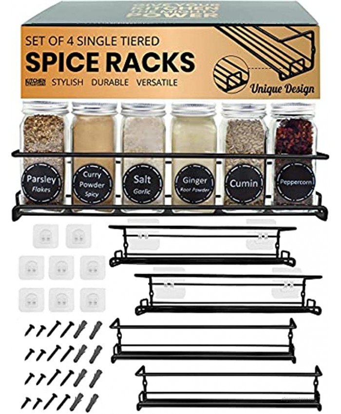 Spice Racks Organizer For Cabinet Door Mount Wall Mounted: Unique Design to Secure Jars Set of 4 Spices & Seasoning Black Metal Hanging Shelf Kit Storage in Kitchen Pantry Cupboard Countertop