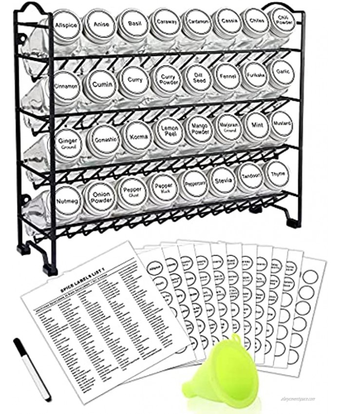 SWOMMOLY Spice Rack Organizer with 32 Empty Square Glass Spice Jars 386 White Spice Labels with Chalk Marker and Funnel Complete Set Seasoning Organizer for Countertop Cabinet or Wall Mount