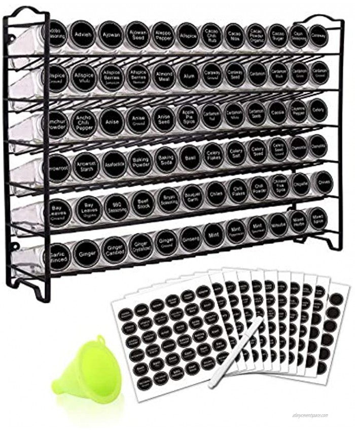 SWOMMOLY Spice Rack Organizer with 72 Empty Square Spice Jars 340 Spice Labels with Chalk Marker and Funnel Complete Set,for Countertop,Cabinet or Wall Mount