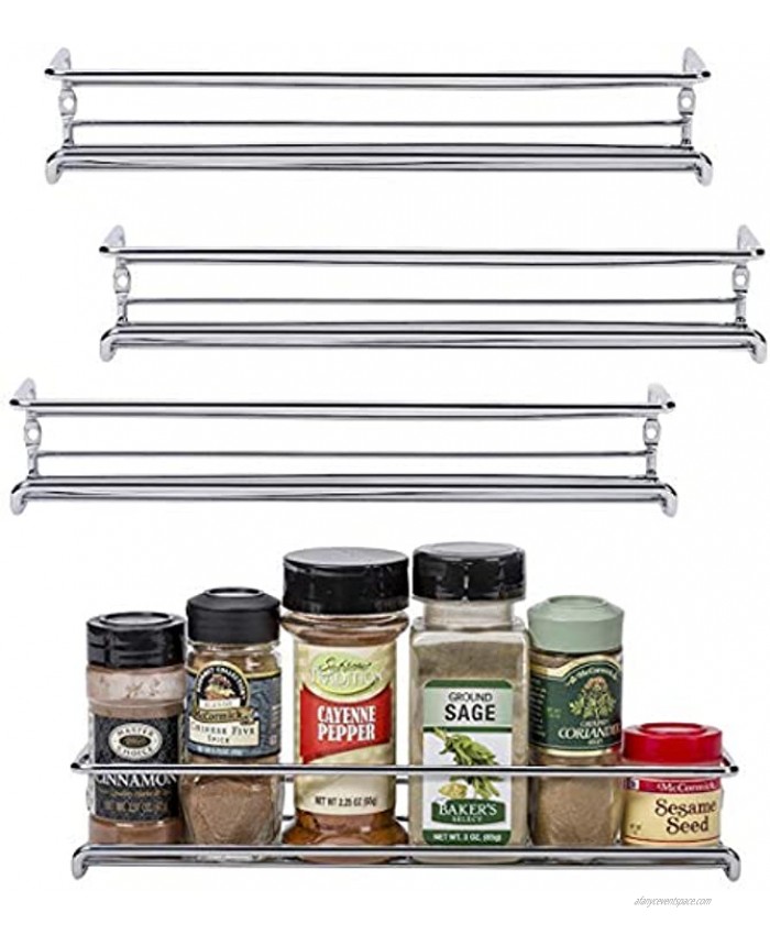 Unum Chrome Wall-Mount Cabinet Door Spice Rack x4 – Single Tier Hanging Spice Organizers Racks Pantry Kitchen Wall Cupboard Over Stove and Closet Door Storage – 11 3 8L x 3D x 2H