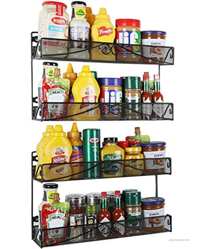 Veesun Wall Spice Rack Organizer-2 Pack 2 Tier Mesh Kitchen Counter-top or Wall Mount Spice Rack Shelf Storage Holder for Cabinet Pantry Door Black