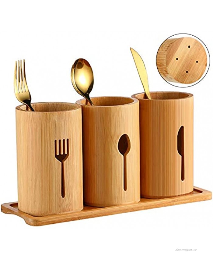 3 Pieces Bamboo Silverware Caddy Cutlery Holder Utensil Holder Caddy Silverware Holder with Bamboo Wood Base Tray Kitchen Utensil Caddy for Spoon Knife Fork Kitchen Dining Entertaining Picnics Supply