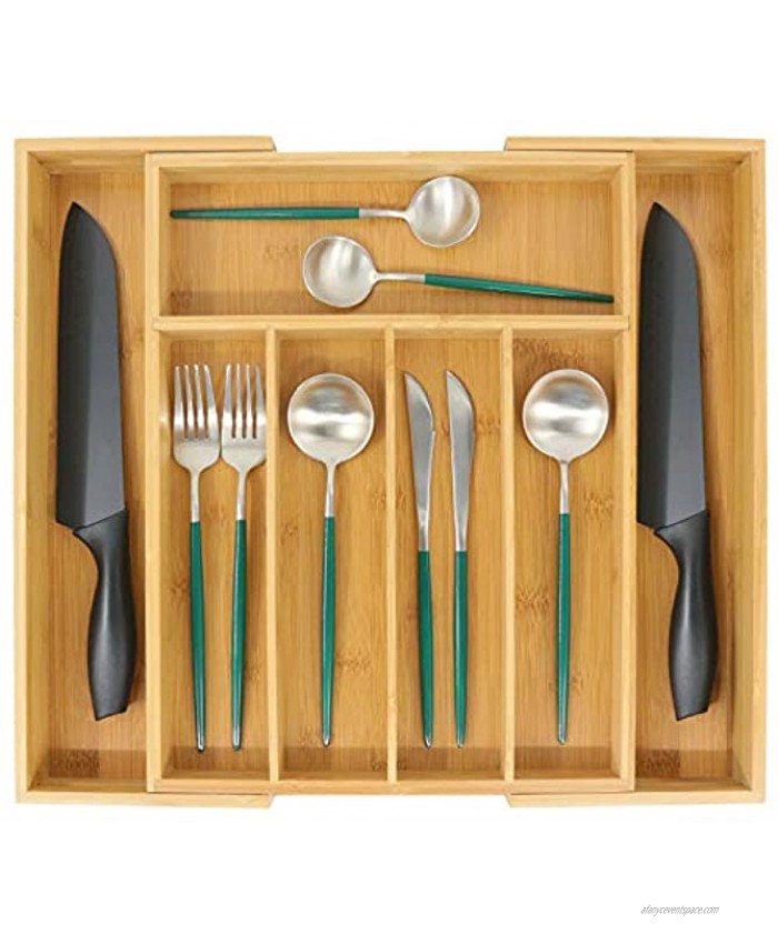 Bamboo Silverware Organizer Expandable Kitchen Drawer Organizer for Cutlery Wooden Utensil Holder Multi-Function Drawer Storage 5-7 Compartments