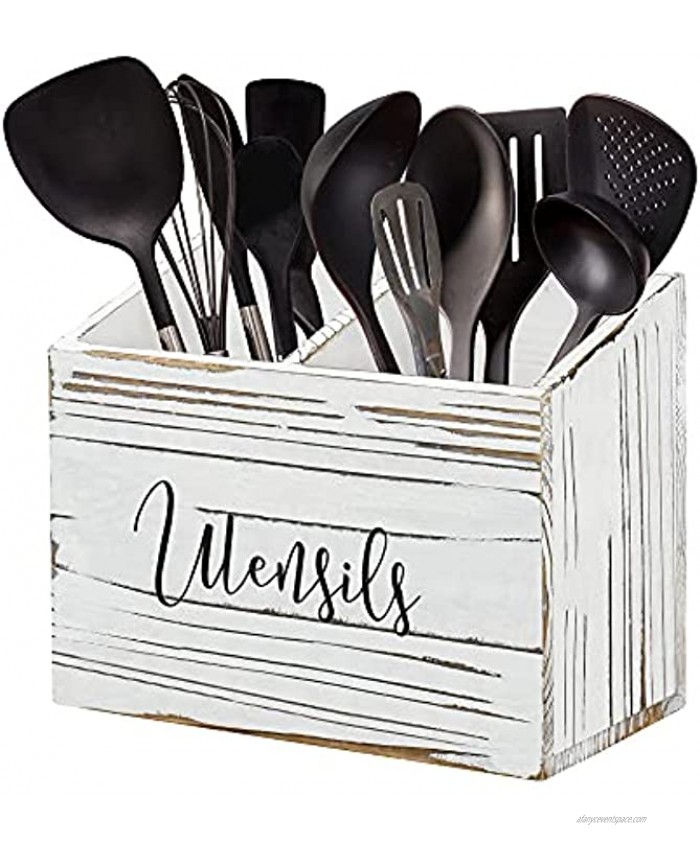 Farmhouse Utensil Organizer for Kitchen Countertop Wooden Utensil Crock with 2 Large Storage Compartments & Hanging Option Rustic Spatula Holder Caddy in Distressed White Size Rustic White
