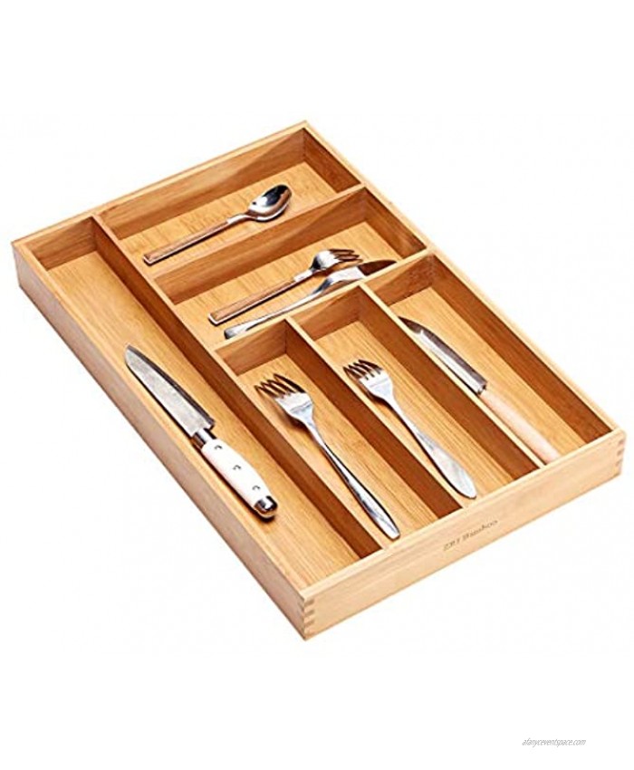 Kitchen Utensil Silverware Drawer Organizer Bamboo Large Flatware Cutlery Tray with 6 Compartment Dividers for ALL SIZE Forks Knives and Spoons