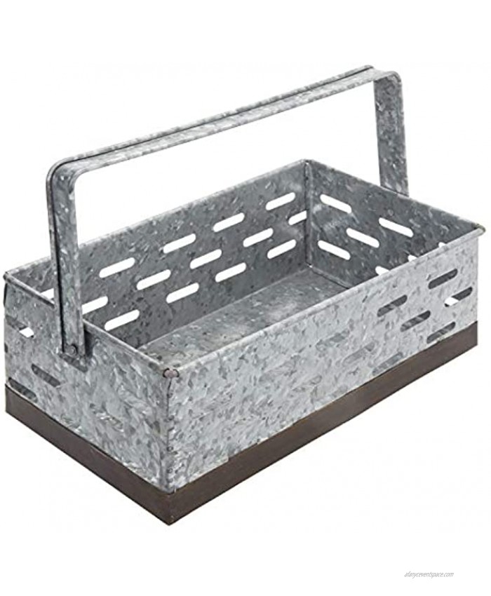 MyGift Galvanized Silver Metal Perforated Design Storage Basket with Handle & Copper Tone Accent Rim