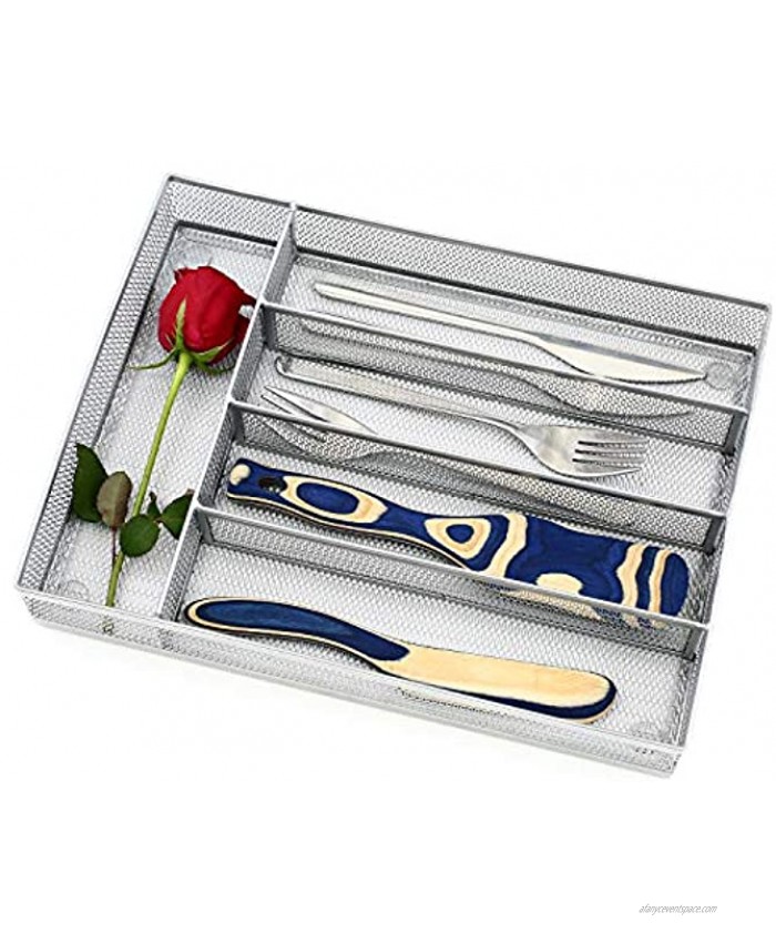 Ovicar Flatware Drawer Organizer Metal Mesh Kitchen Cutlery Trays Kitchen Utensil Silverware Storage with Foam Feet Silver