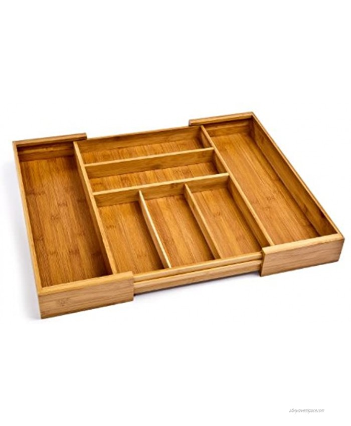 Seville Classics Bamboo Eco-Conscious Organizer Tray Kitchen Home Office Pantry Junk Drawer Utensils Flatware Silverware Cutlery Pens Extendable 7 Compartment