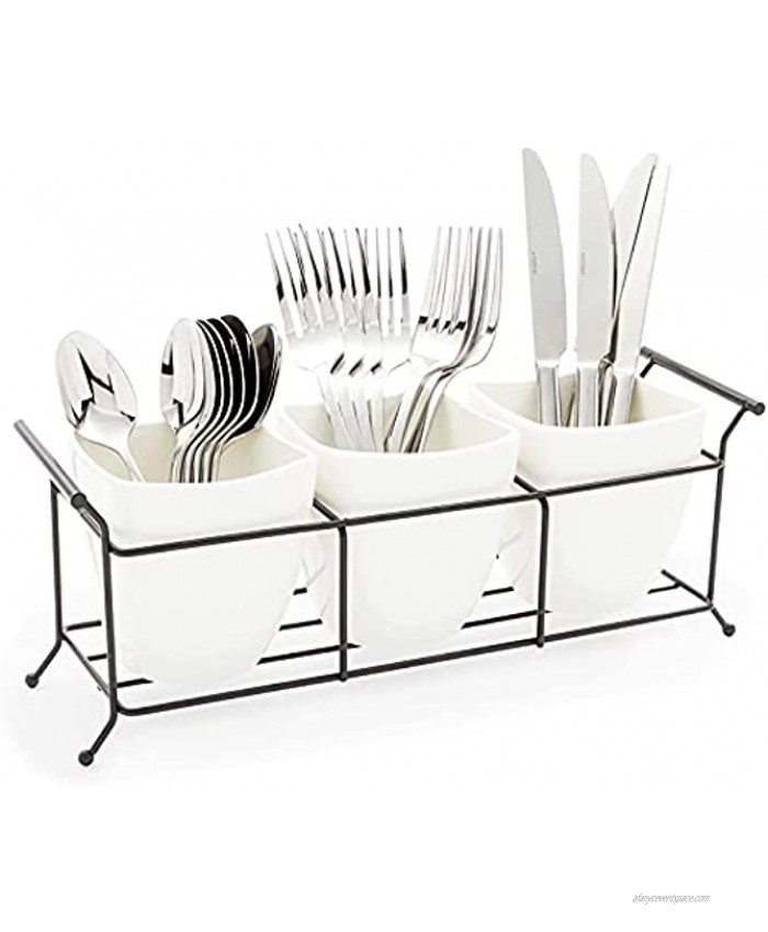 White Ceramic Utensil Holder Flatware Caddy with Metal Stand 13 x 4 x 5 In