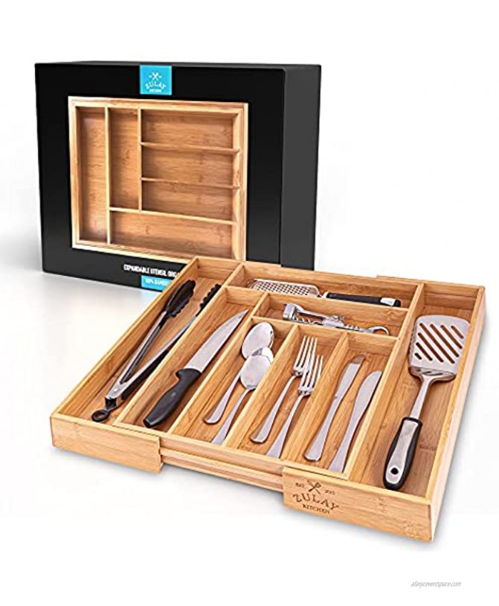 Zulay Expandable Bamboo Drawer Organizer Adjustable Kitchen Drawer Organizer Perfect Utensil Organizer For Silverware Kitchen Knives Flatware and More