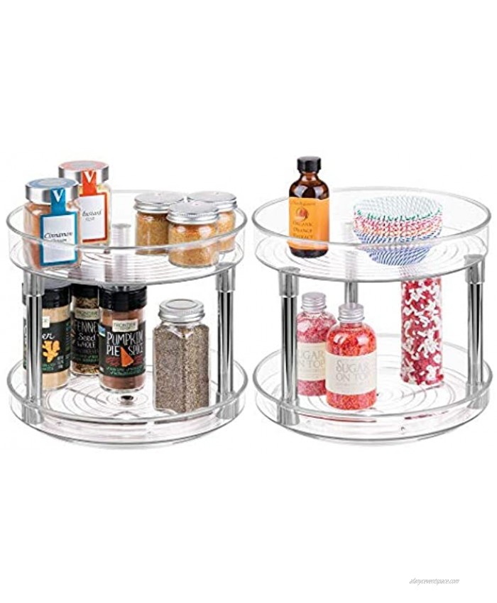 mDesign 2 Tier Lazy Susan Turntable Food Storage Container for Cabinets Pantry Fridge Countertops Raised Edge Spinning Organizer for Spices Condiments 9 Round 2 Pack Clear Chrome