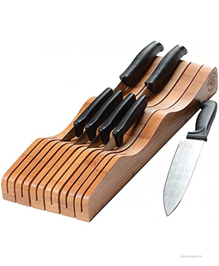 Bamboo In-Drawer Knife Block Wood Drawer Knife Organizer Designed to Hold 10-15 Knives Not Included Keep Knife’s Blades Store Without Pointing Up