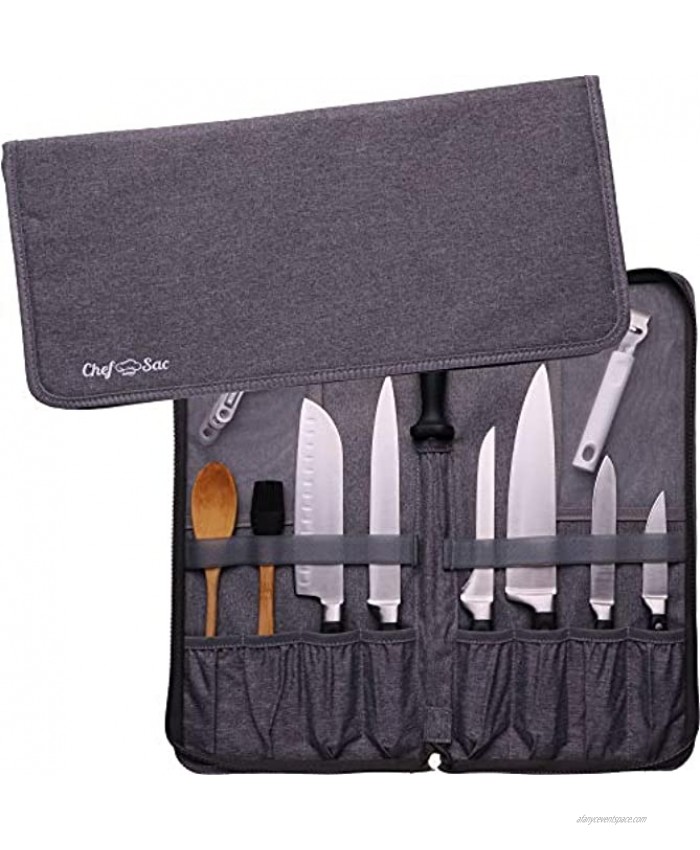 Chef Knife Bag Travel Folder Extended Knife Case | 8 Pockets for Knives Kitchen Tools & Camp Accessories | Special Slot for Honing Rod | Durable Knife Holder for Chefs & Culinary Students Dark Grey