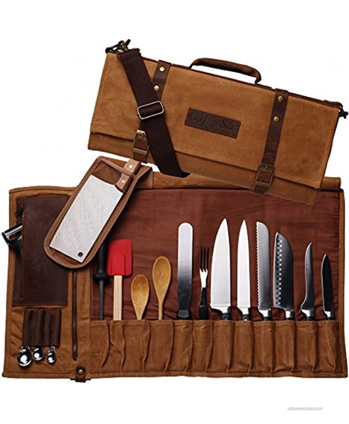 Chef Knife Bag Waxed Canvas Knife Roll Bag | 22 Pockets for Knives & Kitchen Tools | Special Slot for Cleaver | Water-Resistant Material | Knife Organizer for Chefs & Culinary Students Brown