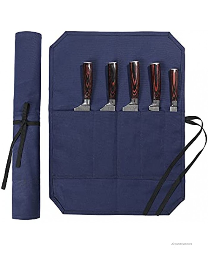 Chef's Knife Bag With 5 Slots Wax Canvas Knife roll with Professional Anti Cutting Fabric Inside Blue