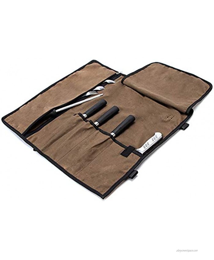Chef’s Knife Roll 5 Pockets Knife Bag,Waxed Canvas Roll Up Culinary Bag,Professional Cutlery Storage Case Portable Knife Tool Roll Bag Multi-Purpose Knife Cover For Cooking Camping Coffee