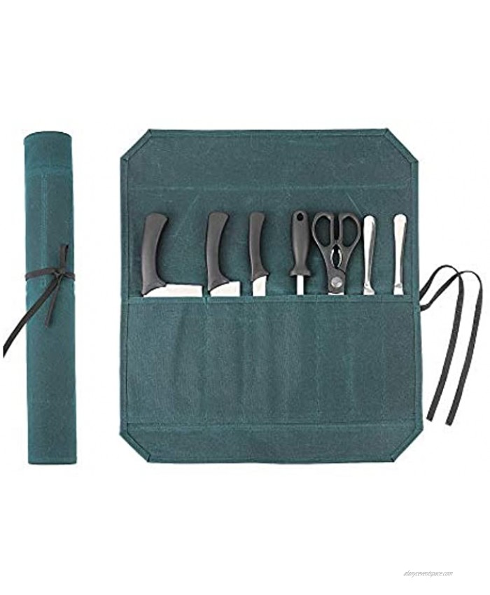 Heavy Duty Waxed Canvas Chef Knife Storage Roll Bag With 7 Slots Waterproof And Durable Dark Green