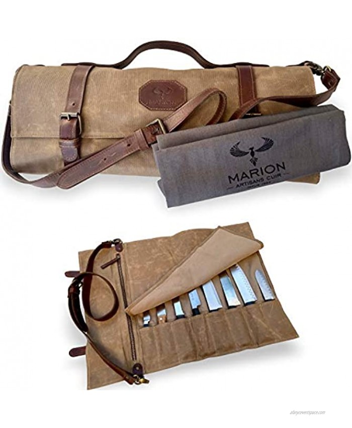 MARION LE VOYAGEUR Waxed Canvas with Genuine Calf Top Grain Leather Handcrafted Professional Chef's Knife Storage Roll Bag 8 Pockets Brown